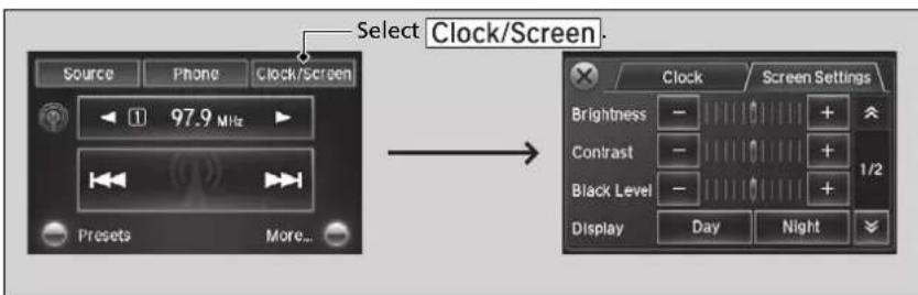 Select Clock/Screen. Source Phone Clock/Screen 97.9 MHz Presets More... Clock Screen Settings Brightness - + Contrast - + 1/2 Black Level - + Display Day Night