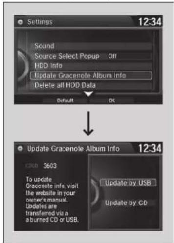 Settings 12:34 Sound Source Select Popup Off HDD Info Update Gracenole Album Info Delete all HDD Data Default OK Update Gracenole Album Info 12:34 3603 To update Gracenole info, visit the website in your owner's manual. Updates are transferred via a burned CD or USB. Update by USB Update by CD