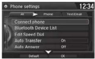 Phone settings 12:34 All Phone TextEmail Connect phone Bluetooth Device List Edit Speed Dial Auto Transfer On Auto Answer Off Default OK