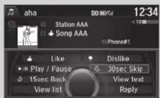 aha Station AAA Song AAA Phone#1 Like Dislike Play / Pause 30sec Skip 15sec Back View text View list Reply 12:34