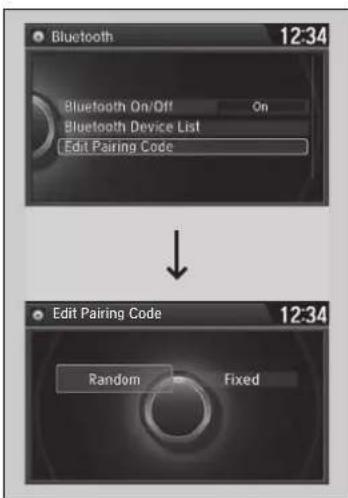 Bluetooth 12:34 Bluetooth On/Off On Bluetooth Device List Edit Pairing Code Edit Pairing Code 12:34 Random Fixed