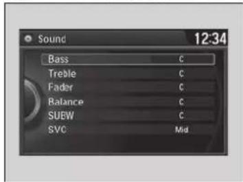 Sound 12:34 Bass C Treble C Fader C Balance C SUBW C SVC Mid