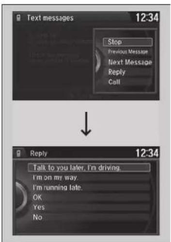 Text messages 12:34 Stop Previous Message Next Message Reply Call Reply 12:34 Talk to you later, I'm driving. I'm on my way. I'm running late. OK Yes No