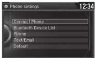 Phone settings 12:34 Connect Phone Bluetooth Device List Phone Text/Email Default