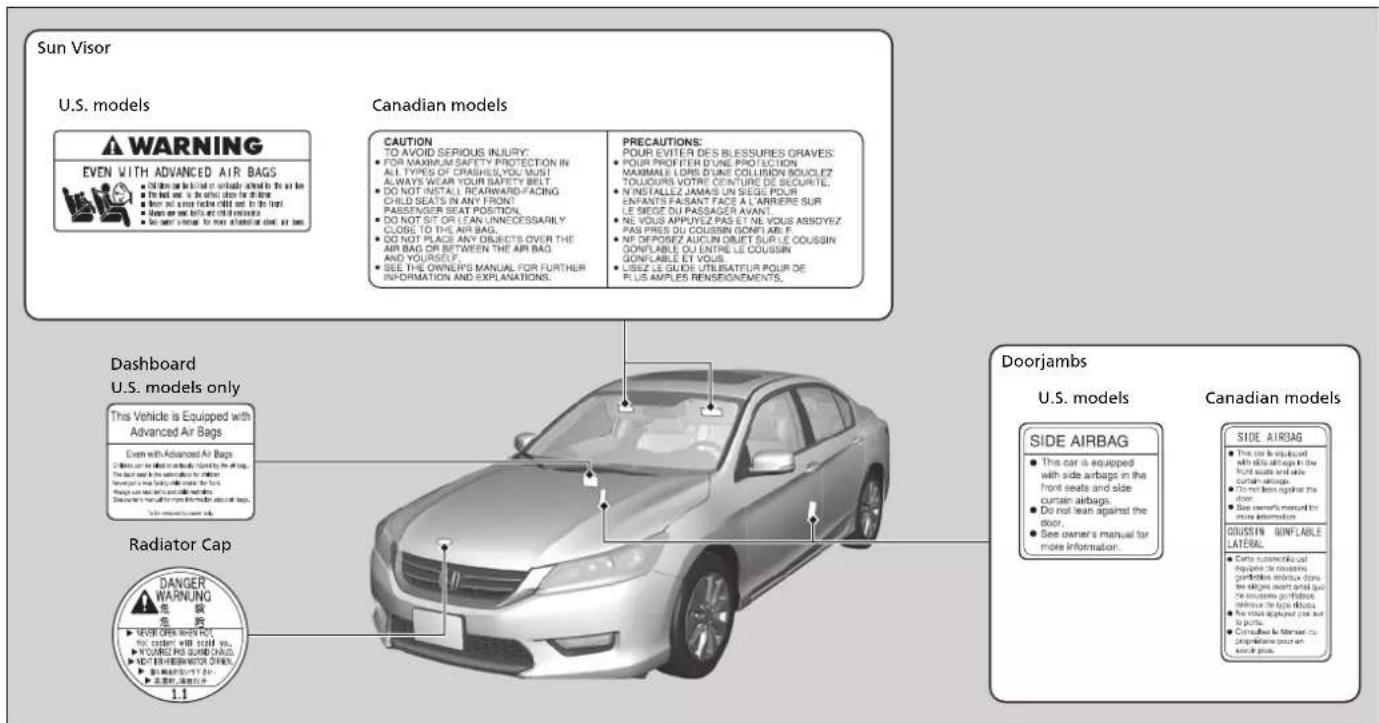 Sun Visor U.S. models WARNING EVEN WITH ADVANCED AIR BAGS ● 10th turn or be limited or acceptable should be the air bag. ● 10th turn is a range of seats for the floor. ● 10th turn out some behind child seat. In the front. ● 10th turn are one bird and one other. ● 10th turn is a range of seats for the floor. Canadian models CAUTION TO AVOID SERIOUS INJURY: ● FOR MAXIMUM SAFETY PROTECTION IN ALL TYPES OF CRASHES, YOU MUST ALWAYS WEAR YOUR SAFETY BELT. ● DO NOT INSTALL REARWARD-FACING CHILD SEATS IN ANY FRONT PASSENGER SEAT POSITION, ● DO NOT SIT OR LEAN UNNECESSARILY CLOSE TO THE AIR BAG. ● DO NOT PLACE ANY OBJECTS OVER THE AIR BAG OR BETWEEN THE AIR BAG AND YOURSELF. ● SEE THE OWNER'S MANUAL FOR FURTHER INFORMATION AND EXPLANATIONS. PRECAUTIONS: POUR EVITER DES BLESSURES GRAVES: ● POUR PROFITER D'UNE PROTECTION MAXIMALE LORS D'UNE COLLISION BOUCLEZ TOULOURS VOTRÉ COUTURE DE SUICRITE, ● N'INSTALLÉ Z JAMAIS UN SIÈGE POUR ENFANTS FAISANT FACE A L'ARRIERE SUR LE SIEGE DU PASSAGER AVANT. ● NE VOUS APPUYEZ PAS ET NE VOUS ASSOYEZ PAS PRES DU COUSSIN GONFL AB E F. ● NP OPORÉZ AUCUN OJET SUR LE COUSSIN GONFLABLE OU ENTRE LE COUSSIN GONFLABLE ET VOUS ● LISEZ LE GUIDE UTILISATUR POUR DE PLUS AMPLÉS RENSEIGNEMENTS. Dashboard U.S. models only This Vehicle is Equipped with Advanced Air Bags Even with Advanced Air Bags ● When can be added to airbags by the off-tag. The back cover is not allowed to offer Recommended as one body will make the front Air bags can add it's all air bags. • See owner's manual for more information. Doorjams U.S. models SIDE AIRBAG ● This car is equipped with side airbags in the front seats and side curtain airbags. ● Do not lean against the door. ● See owner's manual for more information. Canadian models SIDE AIRBAG ● This car is equipped with side airbags in the front seats and side curtain airbags. ● Do not lean against the door. ● See owner's manual for more information. DANGER WARNING 是 段 免 费 ● MORE ORS WHEN NOT to order will cost it. ● YOUNG PRS GUNDANDUS. ● NOT ENHEIR MOTOR OFFICE. ● SEE PARTS BY 24- ● SEE PARTS BY 24- 1.1