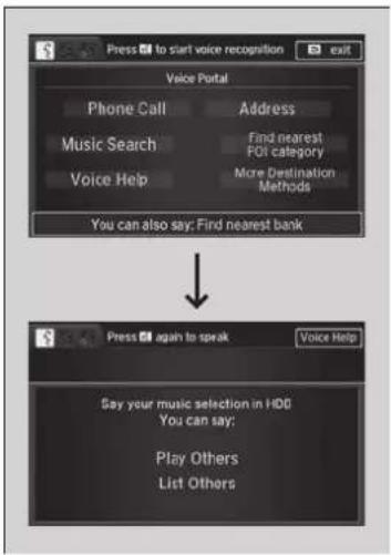 Press to start voice recognition exit Voice Portal Phone Call Address Music Search Find nearest Voice Help FOI category More Destination Methods You can also say: Find nearest bank Press again to speak Voice Help Say your music selection in HDD You can say: Play Others List Others