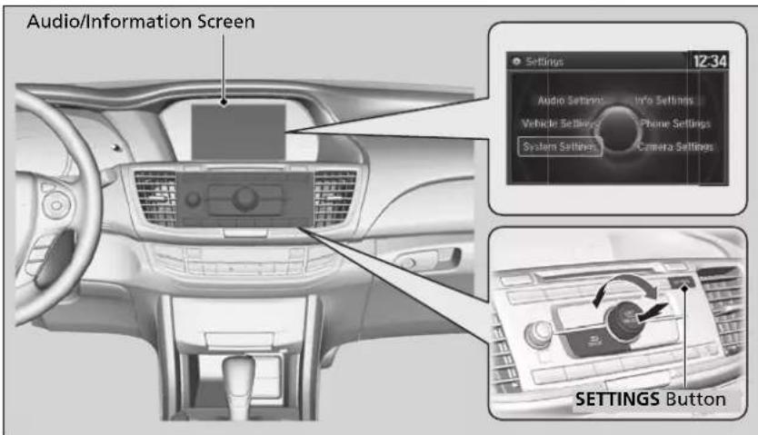 Audio/Information Screen Settings 12-34 Audio Settings Info Settings Vehicle Settings Phone Settings System Settings Camera Settings SETTINGS Button