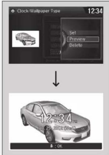 Clock/Wallpaper Type 12:34 Set Preview Delete 12:34 Time: 25.000/Week OK