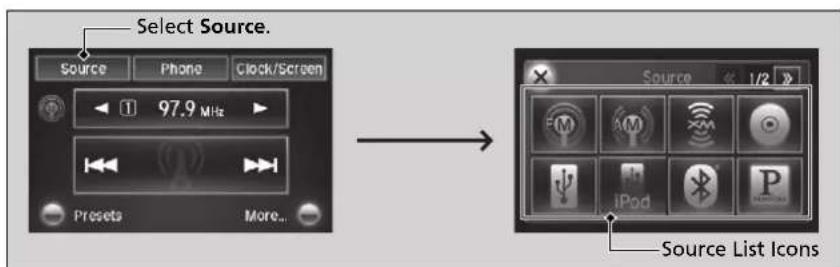 Select Source. Source Phone Clock/Screen 97.9 MHz Presets More... Source List Icons