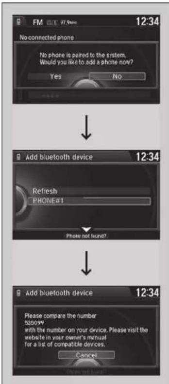 FM 97.9mo 12:34 No connected phone No phone is paired to the system. Would you like to add a phone now? Yes No Add bluetooth device 12:34 Refresh PHONE#1 Phone not found? Add bluetooth device 12:34 Please compare the number 535099 with the number on your device. Please visit the website in your owner's manual for a list of compatible devices. Cancel
