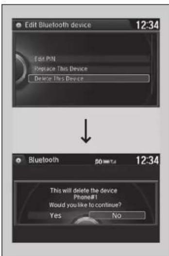 Edit Bluetooth device 12:34 Edit PIN Replace This Device Delete This Device Bluetooth 12:34 This will delete the device Phone#1 Would you like to continue? Yes No