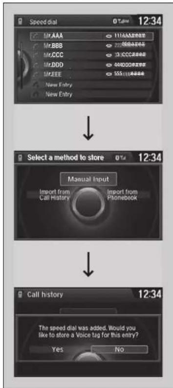 Speed dial Mr.AAA Mr.BBB Mr.CCC Mr.DDD Mr.EEE New Entry New Entry 12:34 Select a method to store Manual Input Import from Call History Import from Phonebook Call history The speed dial was added. Would you like to store a Voice tag for this entry? Yes No
