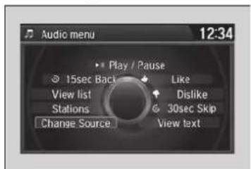 Audio menu 12:34 Play / Pause 15sec Back Like View list Dislike Stations 30sec Skip Change Source View text