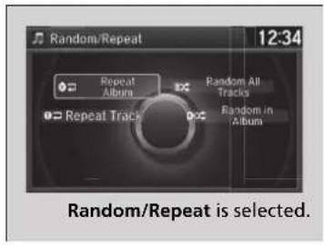 Random/Repeat 12:34 Repeat Album Random All Tracks Repeat Tracks Random in Album Random/Repeat is selected.