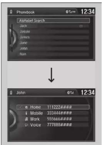 Phonebook 0T24M 12:34 Alphabet Search Jack Jacquie James Jane John Nan ↓ John 0T4 12:34 Home 111222### Mobile 333444### Work 555666### Voice 777888###