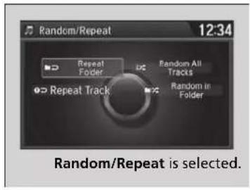 Random/Repeat 12:34 Repeat Folder Random All Tracks Repeat Track Random in Folder Random/Repeat is selected.