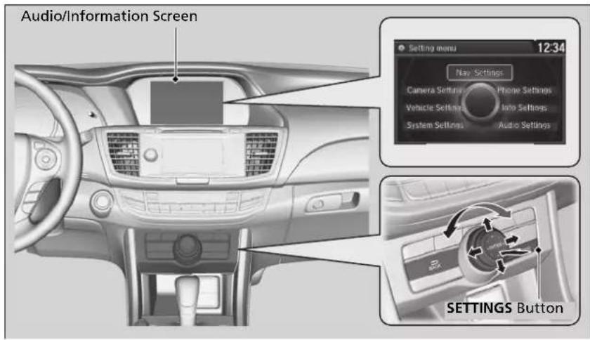 Audio/Information Screen Setting menu 12:34 Nav Settings Camera Settings Phone Settings Vehicle Settings Info Settings System Settings Audio Settings SETTINGS Button