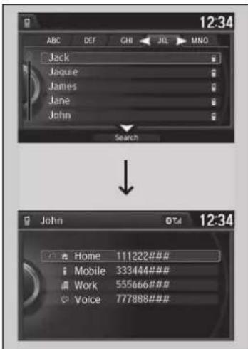 12:34 ABC DEF QH JG MNO Jack Jague James Jane John Search ↓ John 074 12:34 Home 111222### Mobile 333444### Work 555666### Voice 777888###