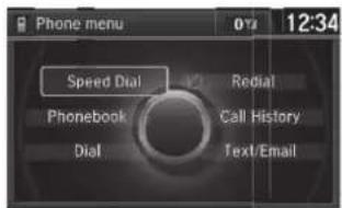 Phone menu 0v 12:34 Speed Dial Phonebook Dial Redial Call History Text/Email