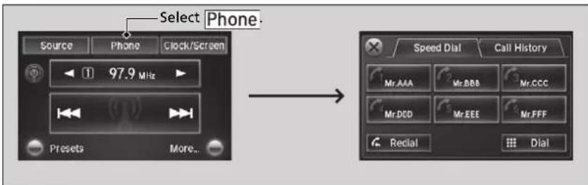 Select Phone. Source Phone Clock/Screen 97.9 MHz Presets More... Speed Dial Call History Mr AAA Mr BBB Mr CCC Mr DDD Mr EEE Mr FFF Recial Dial