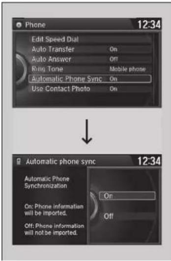 Phone 12:34 Edit Speed Dial Auto Transfer On Auto Answer Off Ring Tone Mobile phone Automatic Phone Sync On Use Contact Photo On Automatic phone sync 12:34 Automatic Phone Synchronization On: Phone information will be imported. Off: Phone information will not be imported.