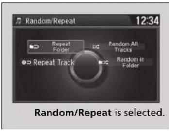 Random/Repeat 12:34 Repeat Folder Repeat Track Random All Tracks Random In Folder Random/Repeat is selected.