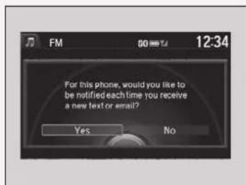 FM 60=5u 12:34 For this phone, would you like to be notified each time you receive a new text or email? Yes No