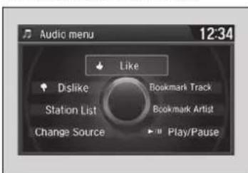 Audio menu 12:34 Like Dslide Bookmark Track Station List Bookmark Artist Change Source Play/Pause