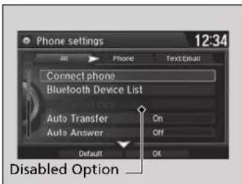 Phone settings 12:34 All Phone Text/Email Connect phone Bluetooth Device List Auto Transfer On Auto Answer Off Default OK Disabled Option