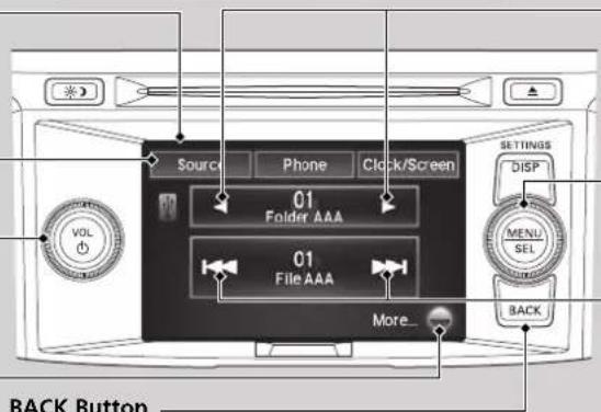 Source Phone Clock/Screen 01 Folder AAA 01 File AAA More... VOL CONTENTS DISP MENU SEL BACK BACK Button _