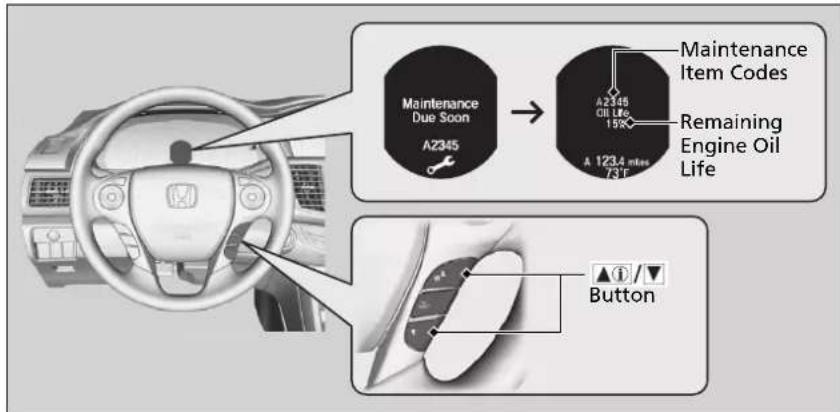 Maintenance Due Soon A2345 → Maintenance Item Codes Remaining Engine Oil Life A 123.4 miles 73°F Button