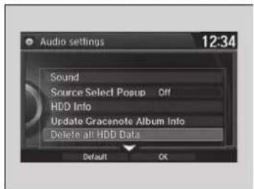 Audio settings 12:34 Sound Source Select Popup Off HDD Info Update Gracenote Album Info Delete all HDD Data Default OK
