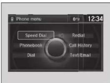 Phone menu 0:14 12:34 Speed Dial Redial Phonebook Call History Dial Text/Email