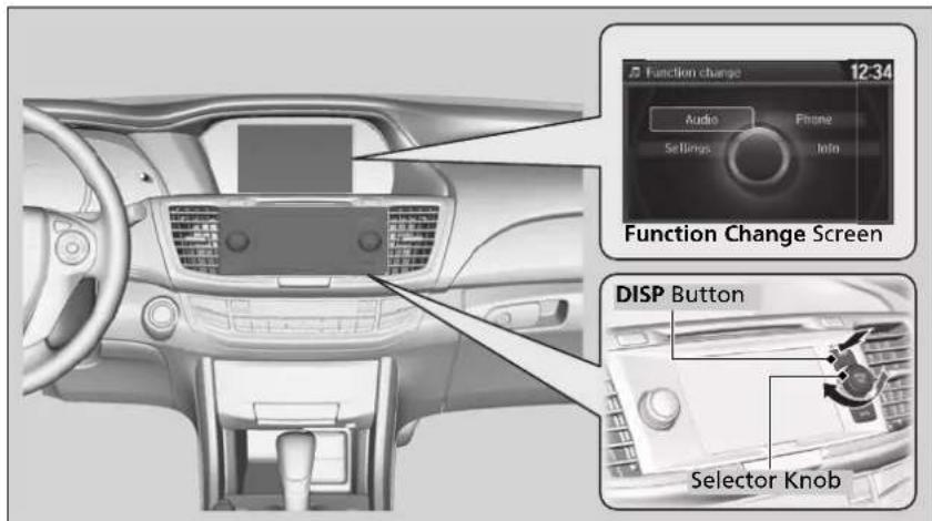 Function change 12:34 Audio Phone Settings Info Function Change Screen DISP Button Selector Knob