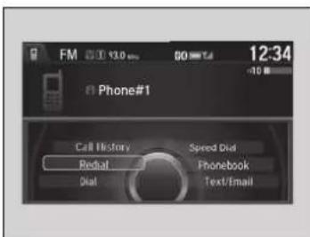FM 13.0 sec 60 MHz 12:34 Phone#1 Call History Speed Dial Redial Phonebook Dial Text/Email