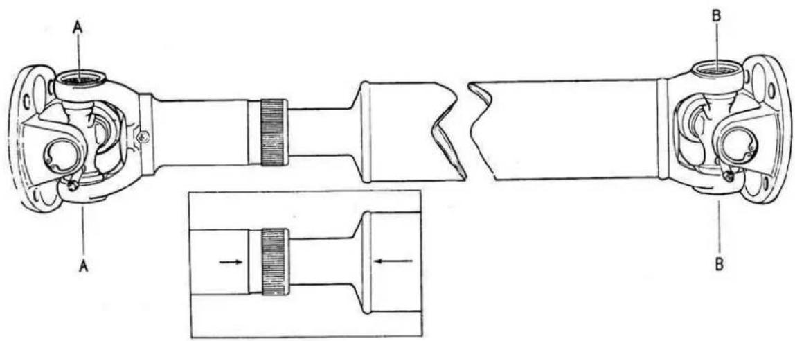 Technical diagram of a mechanical assembly with labeled parts A and B, showing cross-sectional views and internal components.