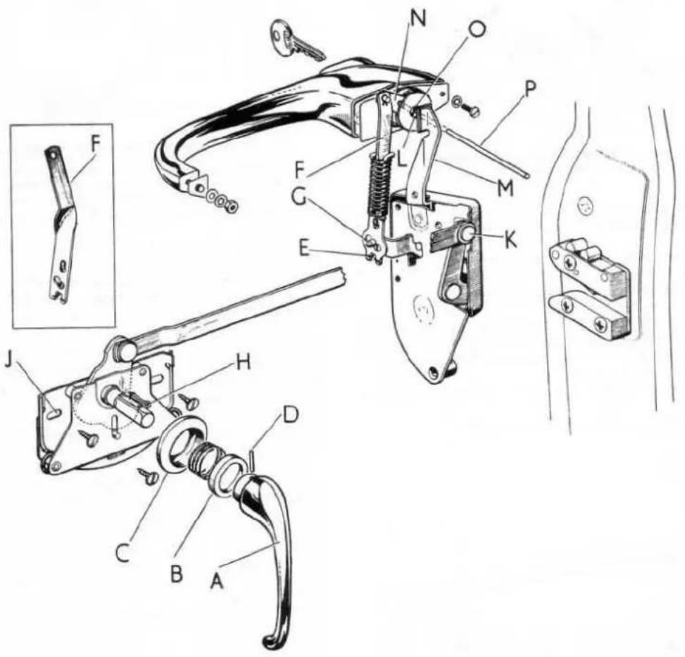 Technical diagram of a mechanical device with labeled parts, including handle, lever, and bracket components