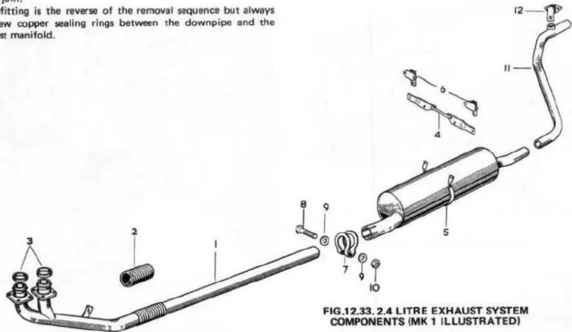 fitting is the reverse of the removal sequence but always new copper sealing rings between the downpipe and the st manifold. FIG.12.33. 2.4 LITRE EXHAUST SYSTEM COMPONENTS (MK 1 ILLUSTRATED)
