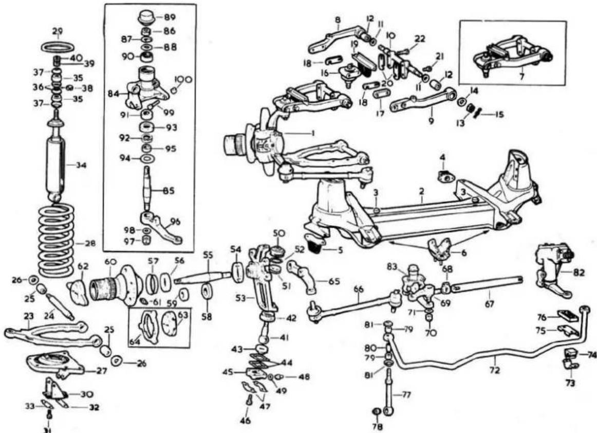 Technical diagram of a vehicle suspension system with numbered components and exploded views