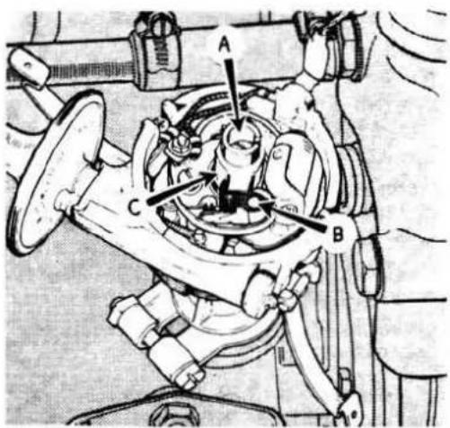 Technical diagram of a mechanical assembly with labeled parts A, B, and C
