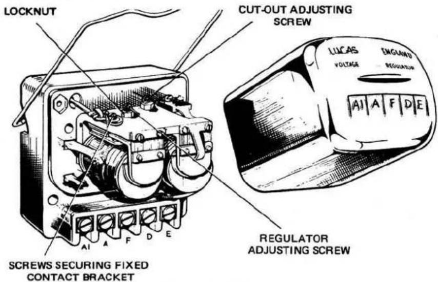 LOCKNUT CUT-OUT ADJUSTING SCREW LUCAS ENGALID VOLTAGE REGULATOR A1 A F D E REGULATOR ADJUSTING SCREW SCREWS SECURING FIXED CONTACT BRACKET