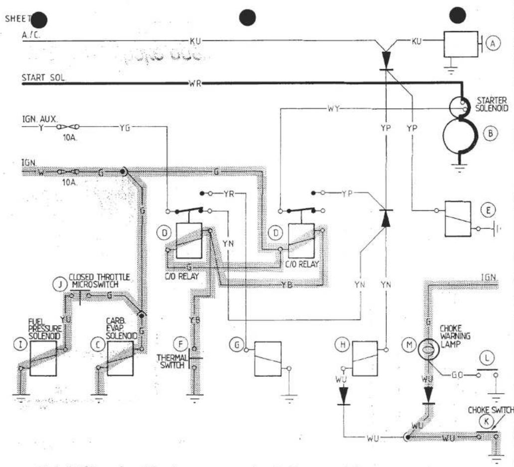 SHEET A/C. KU START SOL WR IGN AUX. 10A. YG IGN W 10A. G G YR D YN C/O RELAY YB YN YP C/O RELAY YN YN E I CLOSED THROTTLE MICROSWITCH J FUEL PRESSURE SOLENOID YG CARB EVAP SOLENOID G F THERMAL SWITCH G H WU G CHOKE WARNING LAMP L CHOKE SWITCH K WU WU