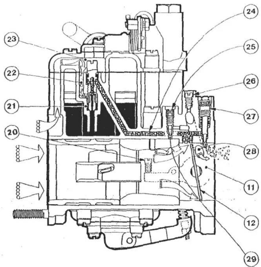Technical diagram of a mechanical device with numbered components and directional arrows indicating flow or movement.