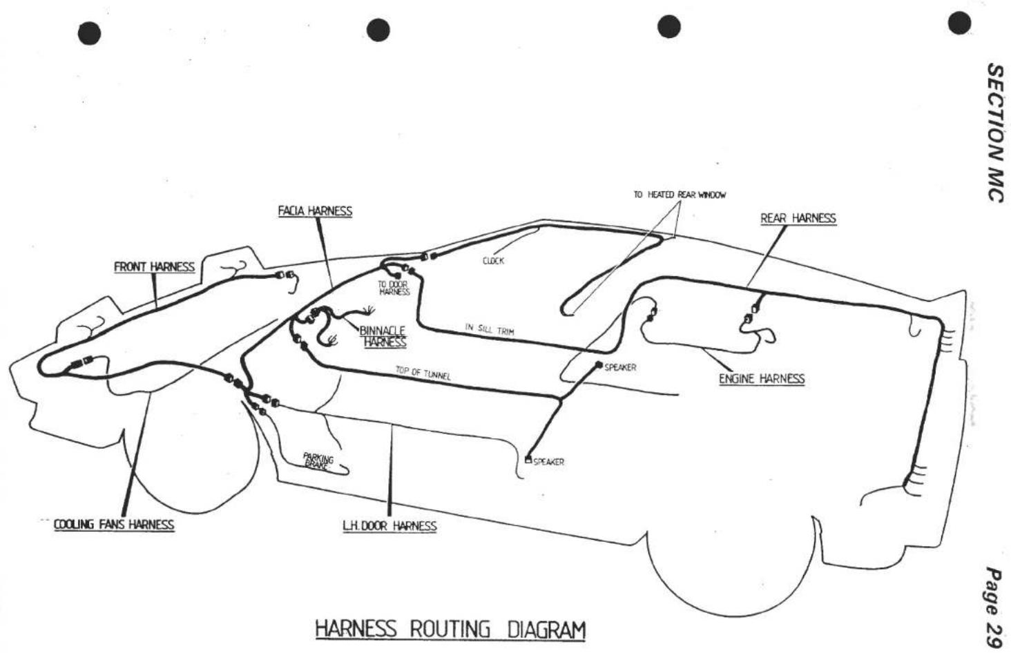 SECTION MC FACE HARNESS TO HEATED REAR WINDOW REAR HARNESS FRONT HARNESS TO DOOR HARNESS CLOCK IN SILL TRIM BINNACLE HARNESS TOP OF TUNNEL SPEAKER ENGINE HARNESS COOLING FANS HARNESS LH. DOOR HARNESS PARKING BRAVE SPEAKER HARNESS ROUTING DIAGRAM Page 29