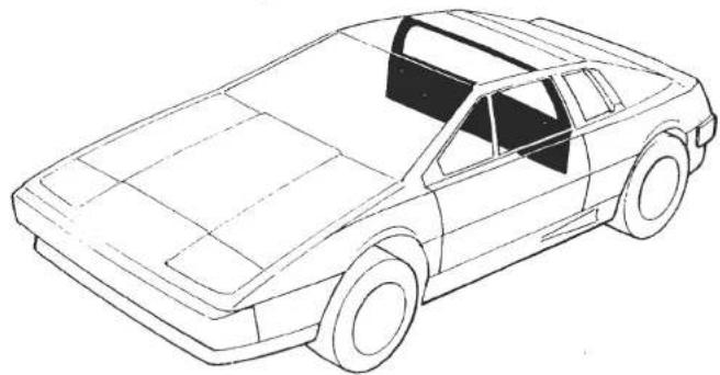 Line drawing of a classic car with open-top roof and side window (no text or symbols)