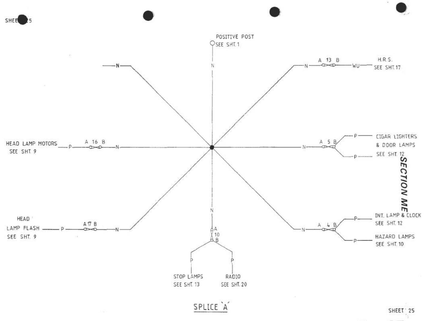 graph TD A["HEAD LAMP MOTORS SEE SHT. 9"] --> B["N"] A --> C["A 16 B"] A --> D["B N"] A --> E["N"] F["HEAD LAMP FLASH SEE SHT. 9"] --> G["P"] F --> H["A 7 B"] F --> I["B N"] F --> J["N"] K["SPLICE 'A'"] --> L["STOP LAMPS SEE SHT. 13"] K --> M["RADIO SEE SHT. 20"] K --> N["A 10"] K --> O["B"] P["POSI…