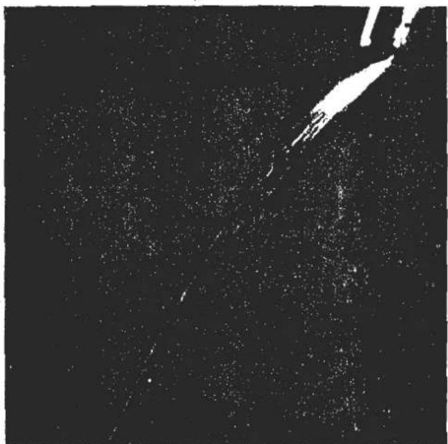 Dark, grainy image with scattered white specks and a bright white streak in the center (no text or symbols)