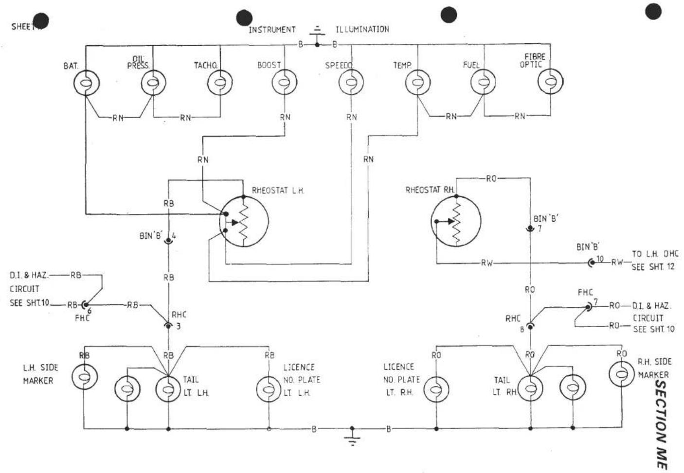 SHEET INSTRUMENT ILLUMINATION BAT. OIL PRESS. TACHO. BOOST SPEEDO TEMP. FUEL FIBRE OPTIC RN RN RN RN RHEOSTAT LH. BIN 'B' 4 RB RHEOSTAT RH. RO BIN 'B' 7 RW BIN 'B' 10 RW TO LH. DHC SEE SHT. 12 D.I. & HAZ. CIRCUIT SEE SHT.10 RB 6 FHC RB RHC 3 L.H. SIDE MARKER RB RB TAIL LT. LH. LICENCE NO. PLATE LT.…