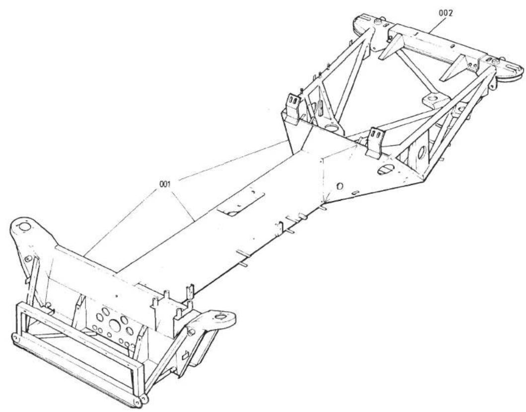 Technical diagram of a mechanical frame assembly with labeled parts 001, 002, and 0