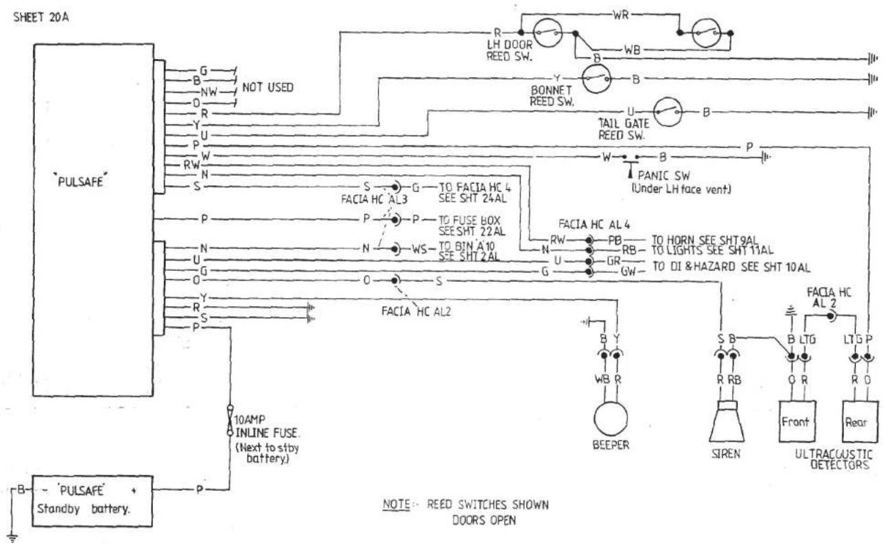 SHEET 20A PULSAFE G B NW O R Y U P W RW N S S G TO FACIA HC 4 FACIA HC AL3 SEE SHT 24AL P P TO FUSE BOX SEE SHT 22AL N N WS TO BIN A10 SEE SHT 2AL G O S Y R S P 10AMP INLINE FUSE. (Next to stby battery) B - 'PULSAFE + Standby battery. WR LH DOOR REED SW. WB BONNET REED SW. U B TAIL GATE REED SW. P P…